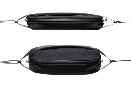 Bellroy lite sling in black, comparing size when expanded and when not expanded