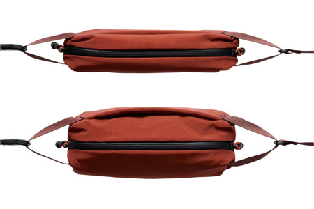 Bellroy Lite Sling Mini in Clay colorway shown collapsed and expanded