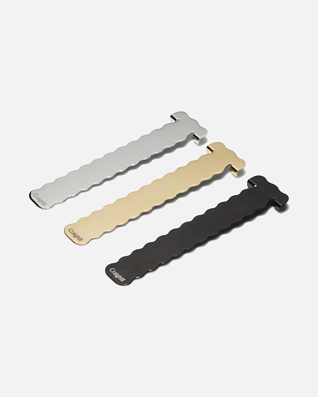 Craighill's Perch Bookmark shown in all 3 color options. Stainless steel, brass, and black stainless