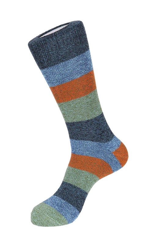 Wide stripe Boot sock in Blue/Orange/ Moss