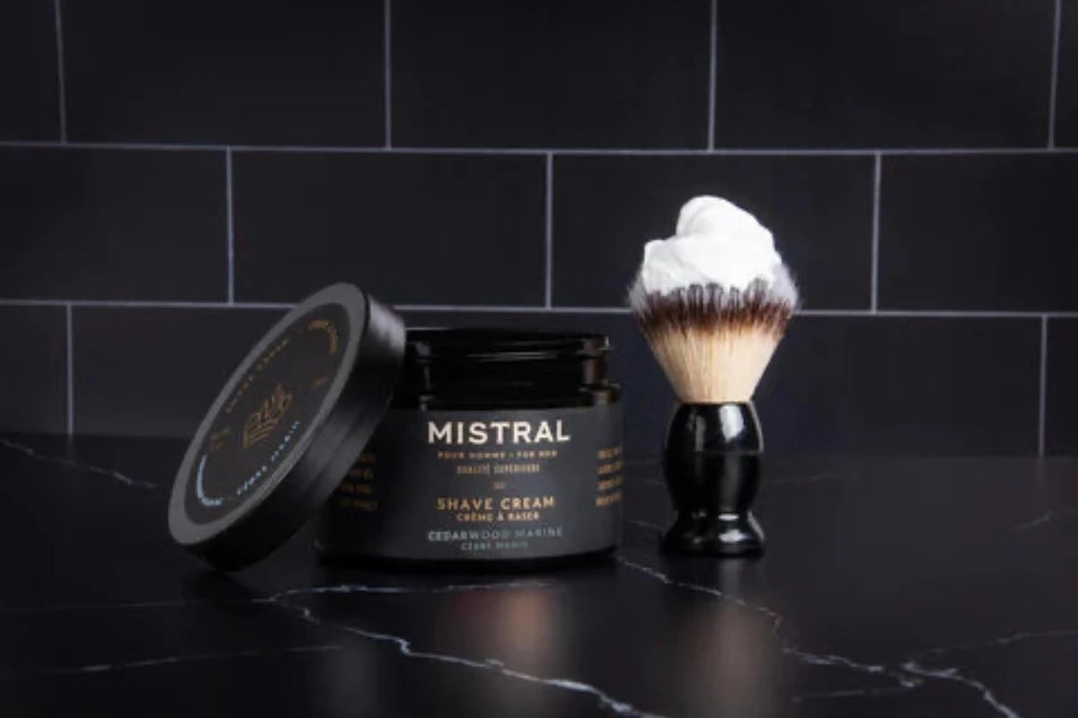 Mistral Cedarwood Marine Shave cream open view of container and brush