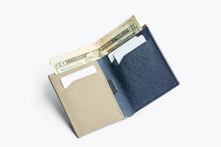 Bellroy woven note sleeve wallet Lichen Grey open with money