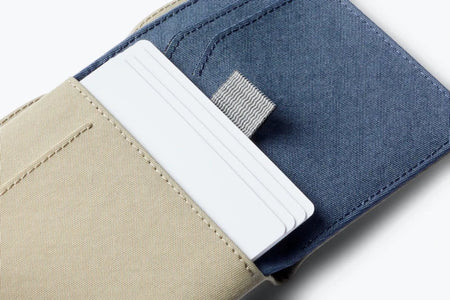 Bellroy woven note sleeve wallet Lichen Grey open with cards
